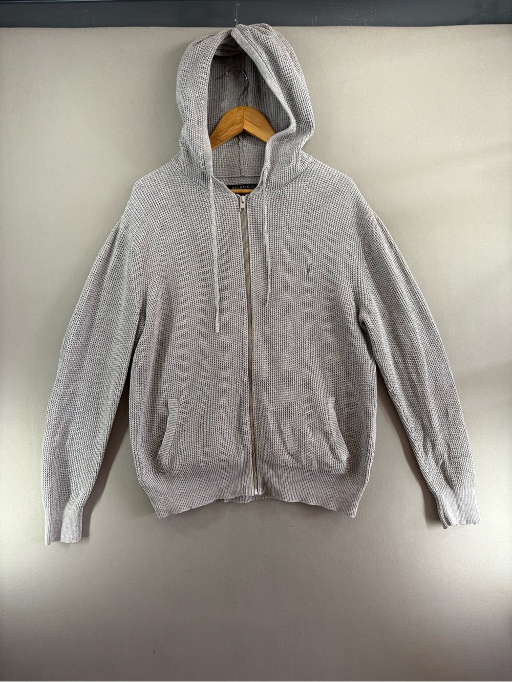 All Saints Streetwear Men Hoodie Full Zip Gray Wafle-knit Size Large